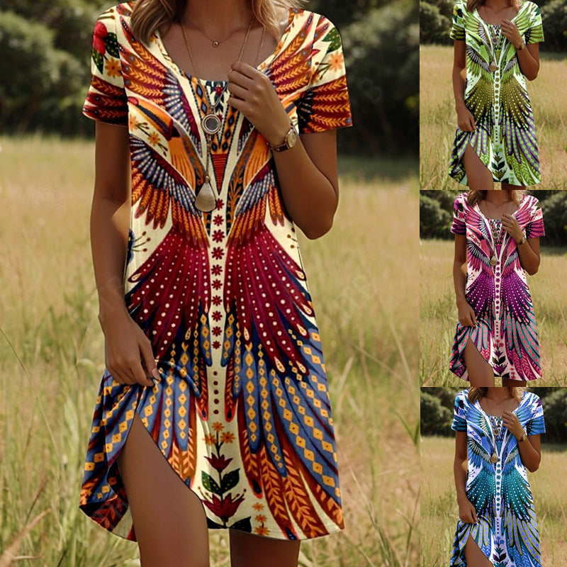 Indian-Style Printed Crew Neck Dress (Short Sleeve)