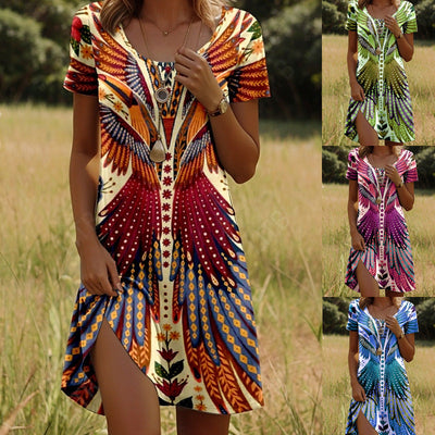 Indian-Style Printed Crew Neck Dress (Short Sleeve)