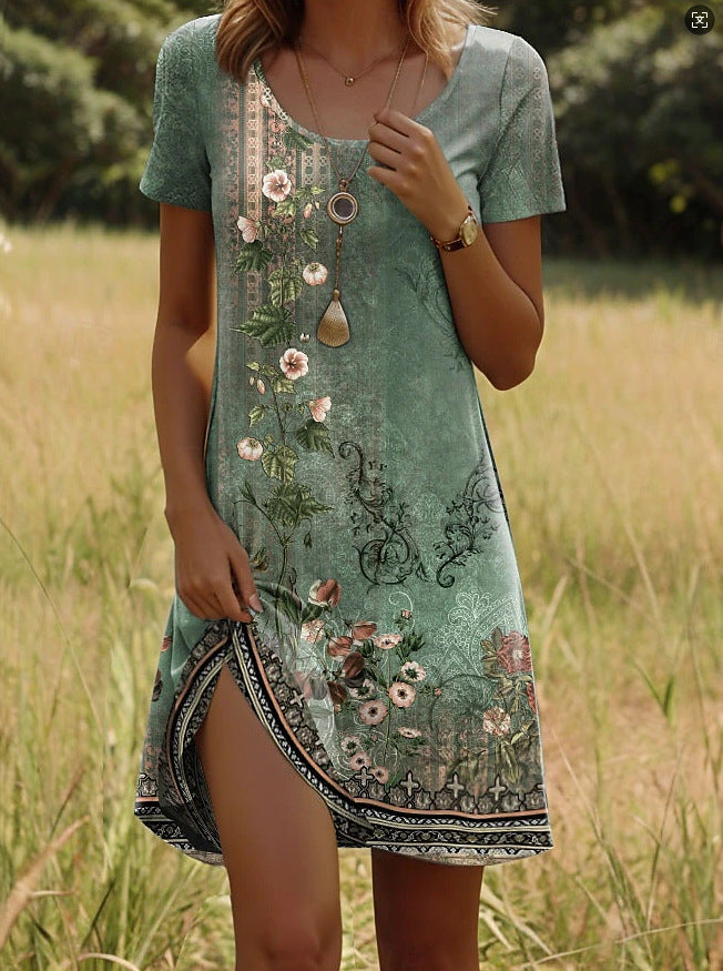 Indian-Style Printed Crew Neck Dress (Short Sleeve)