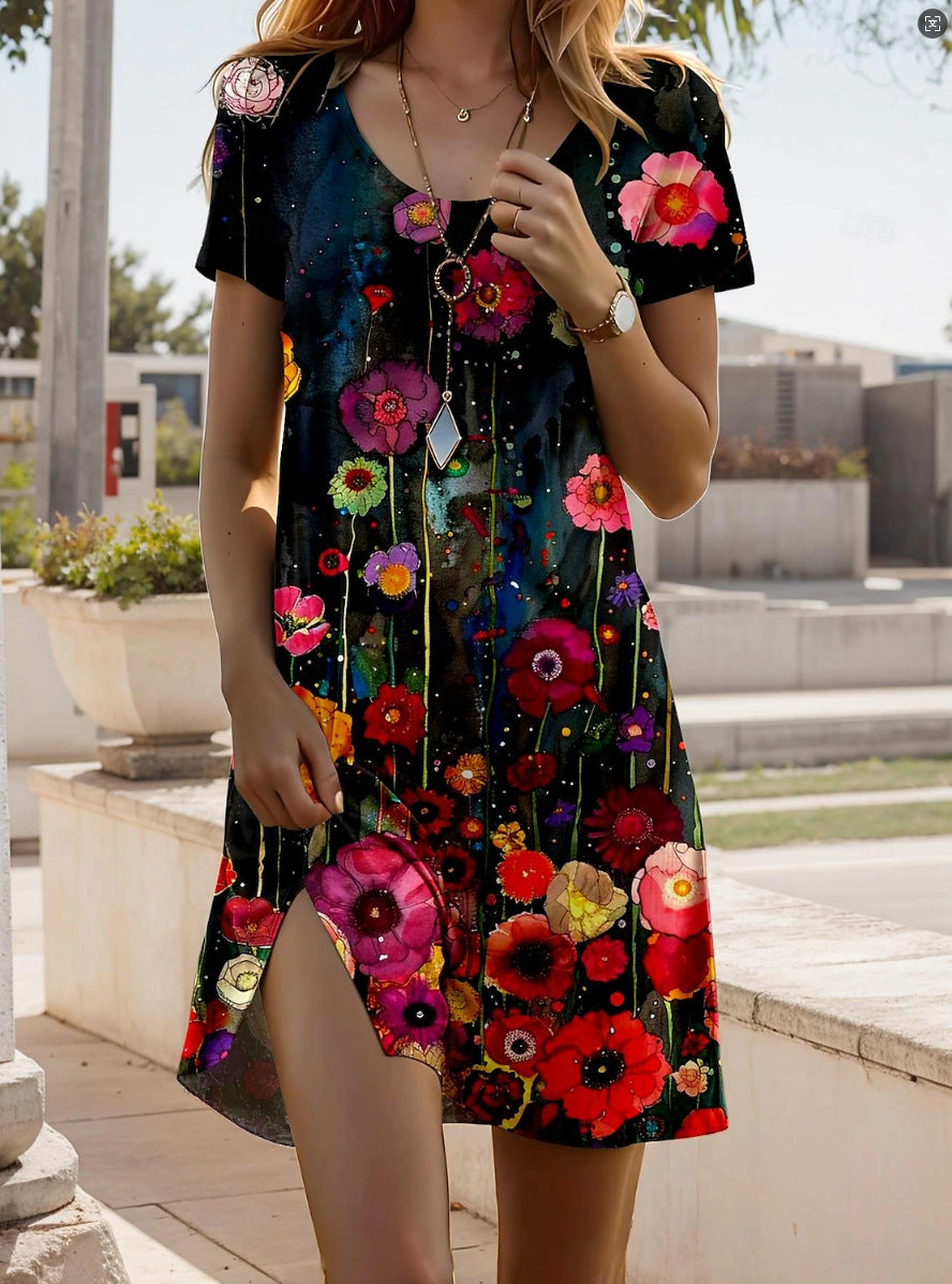 Indian-Style Printed Crew Neck Dress (Short Sleeve)