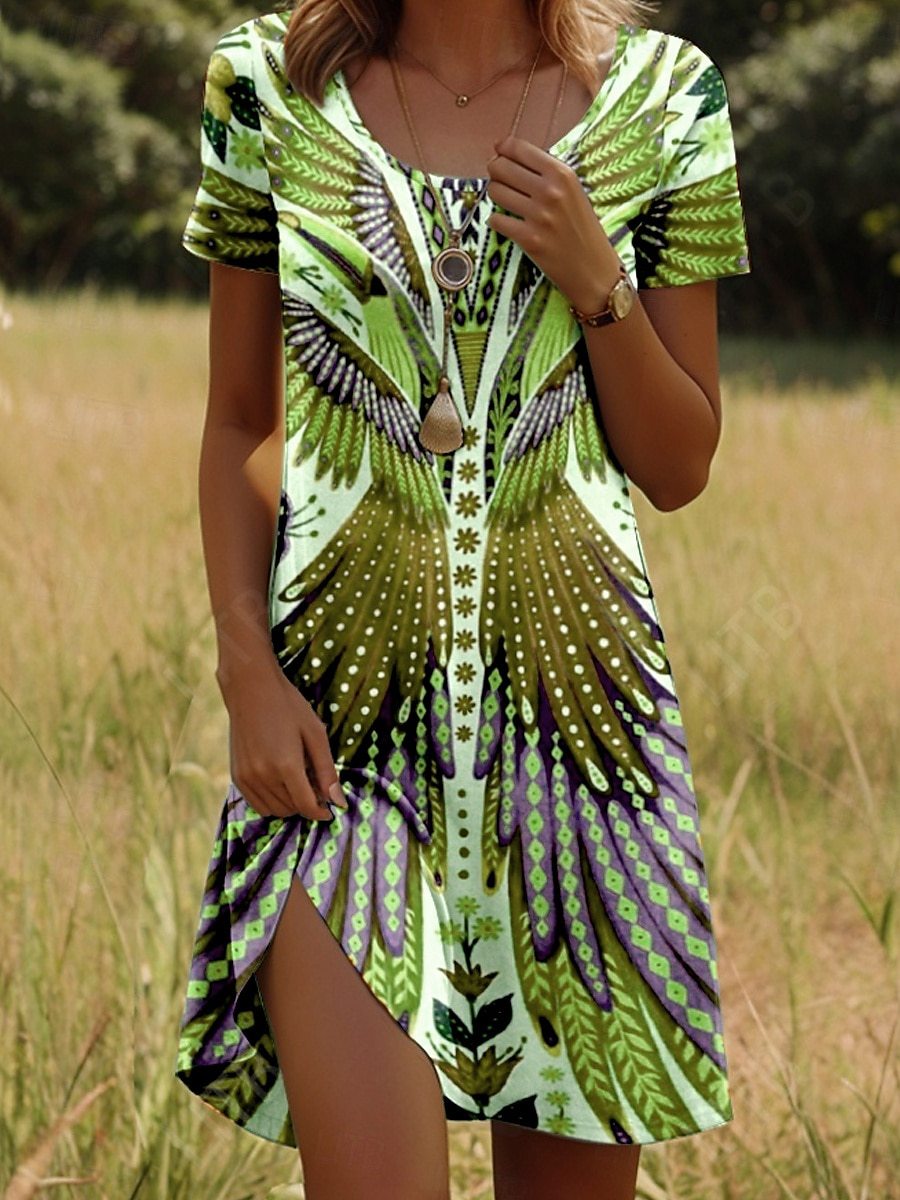 Indian-Style Printed Crew Neck Dress (Short Sleeve)