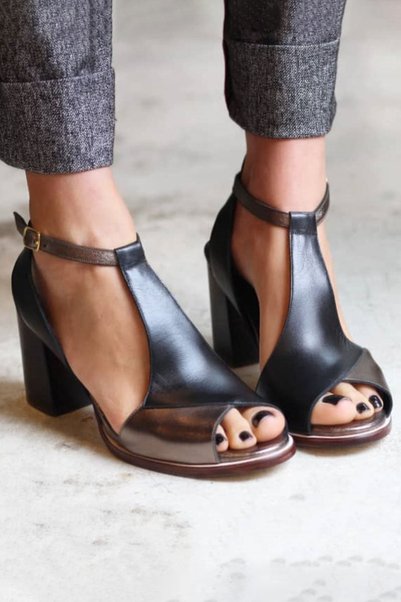 Anyao™ Elegant Black Patchwork Peep-Toe Heeled Sandals – Perfect for Any Occasion