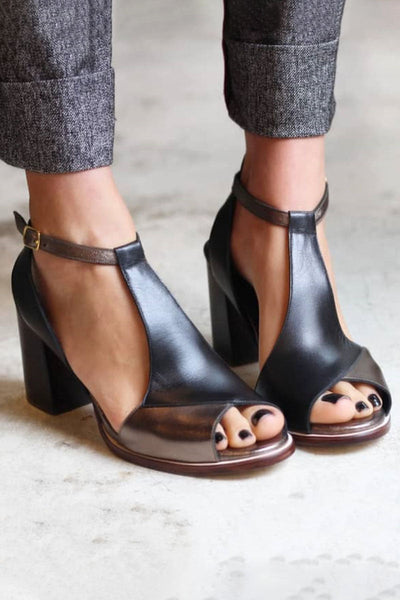 Anyao™ Elegant Black Patchwork Peep-Toe Heeled Sandals – Perfect for Any Occasion