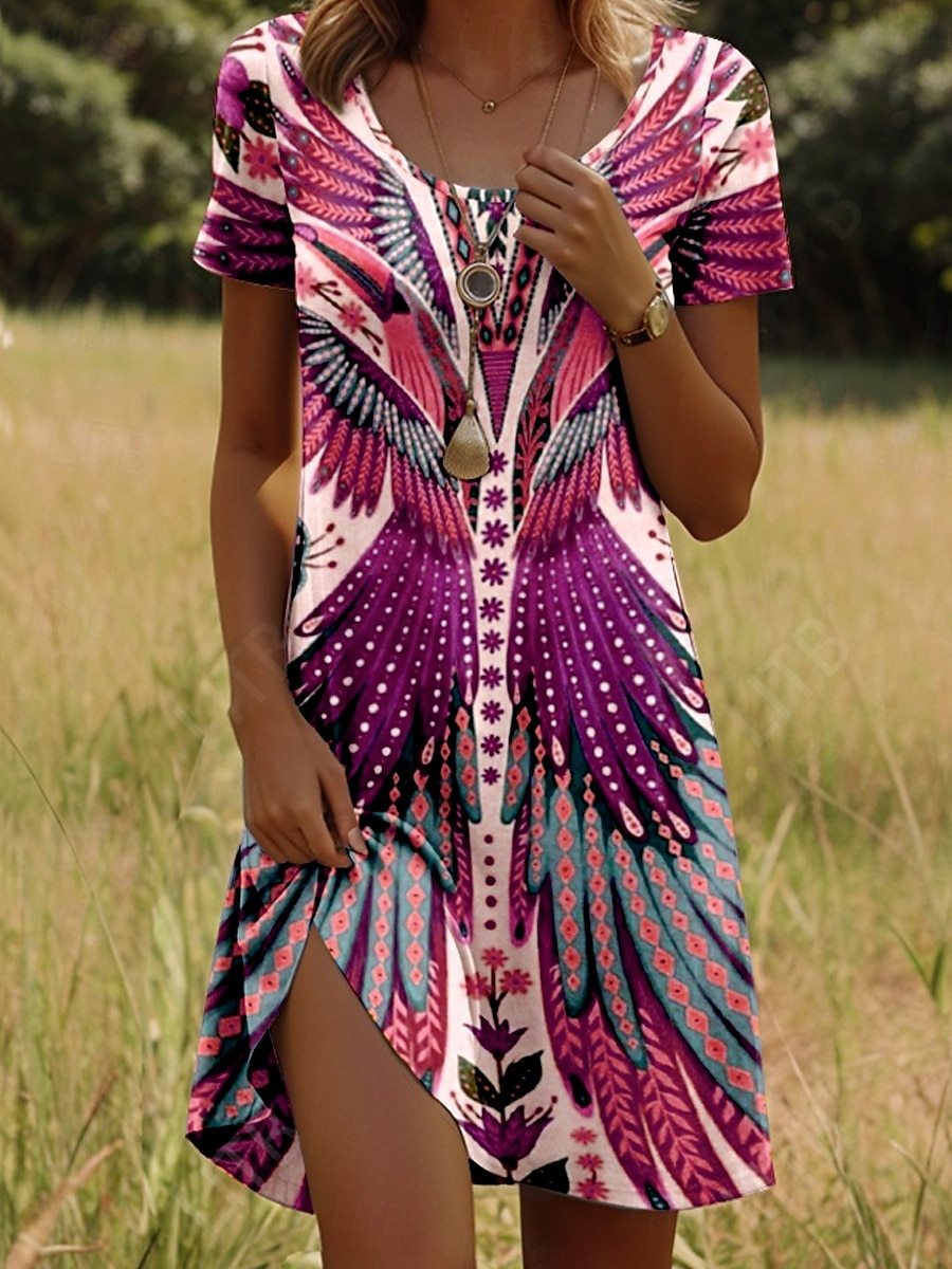 Indian-Style Printed Crew Neck Dress (Short Sleeve)