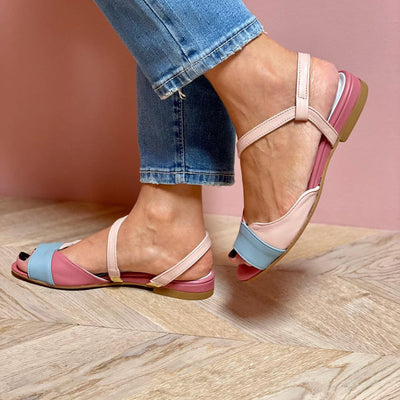 Ellela™ | Elegant asymmetrical pink sandals with color block details