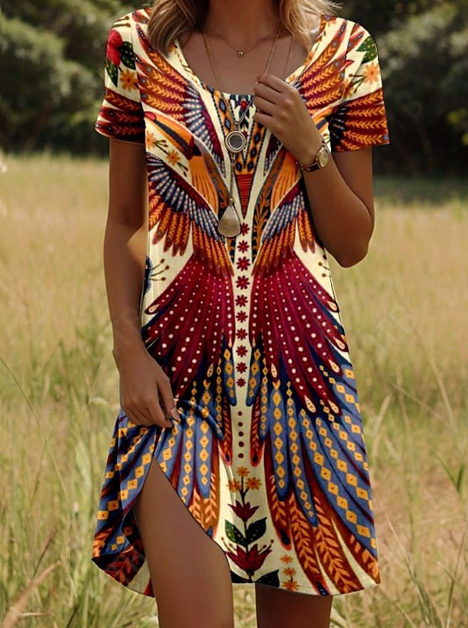 Indian-Style Printed Crew Neck Dress (Short Sleeve)