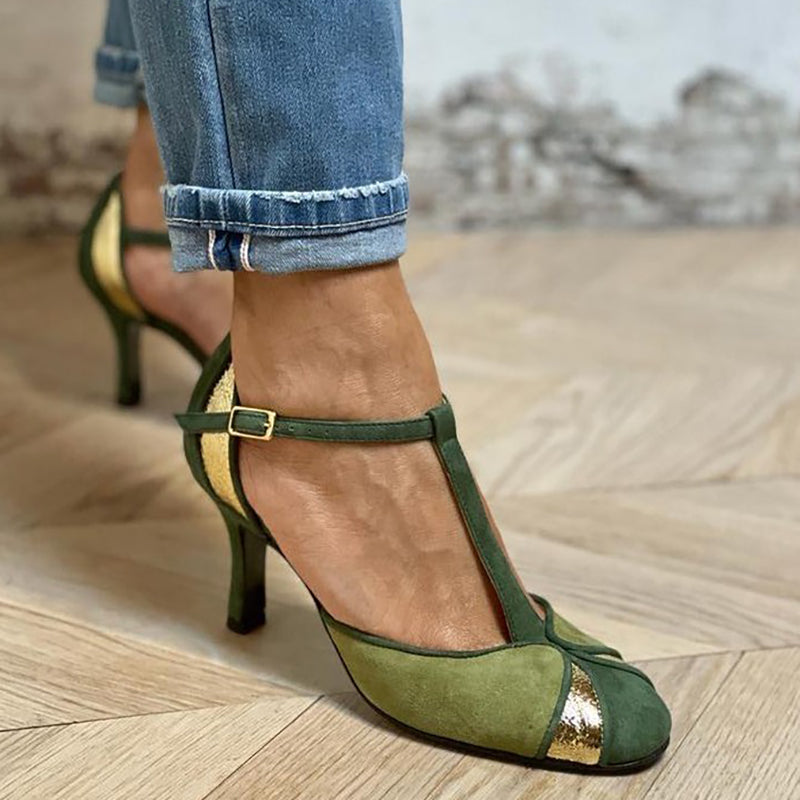 Alona™ | Elegant patchwork pump with T-strap and closed toe for a refined style