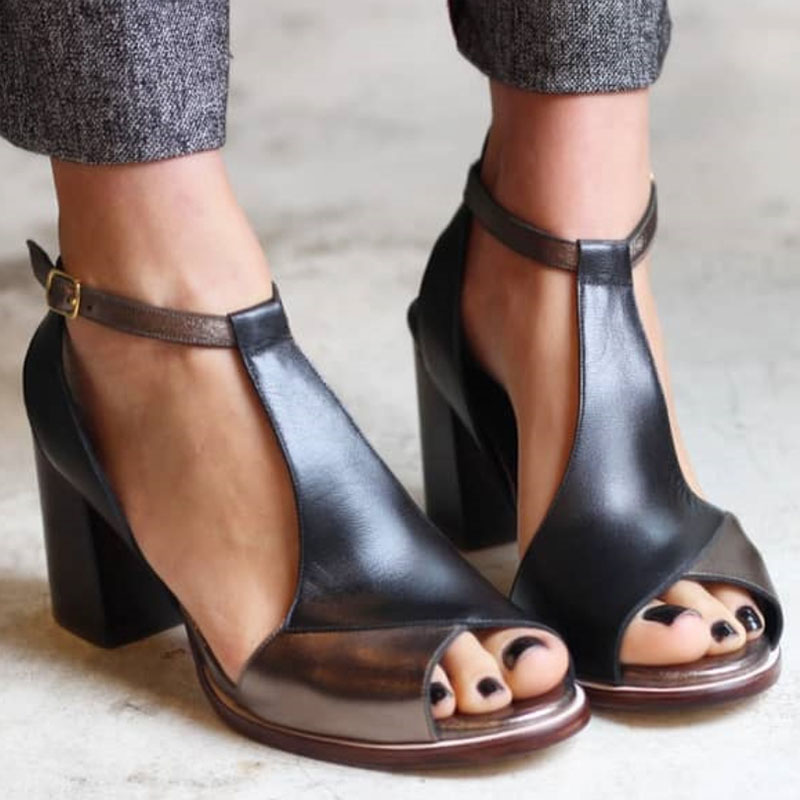 Anyao™ Elegant Black Patchwork Peep-Toe Heeled Sandals – Perfect for Any Occasion