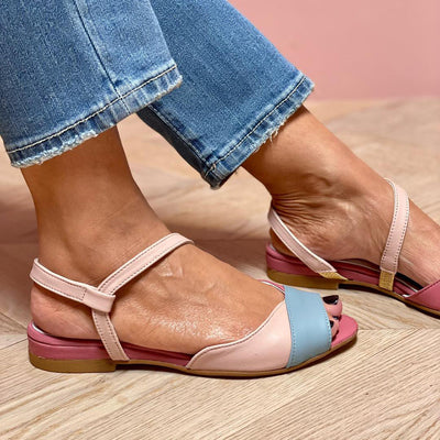 Ellela™ | Elegant asymmetrical pink sandals with color block details