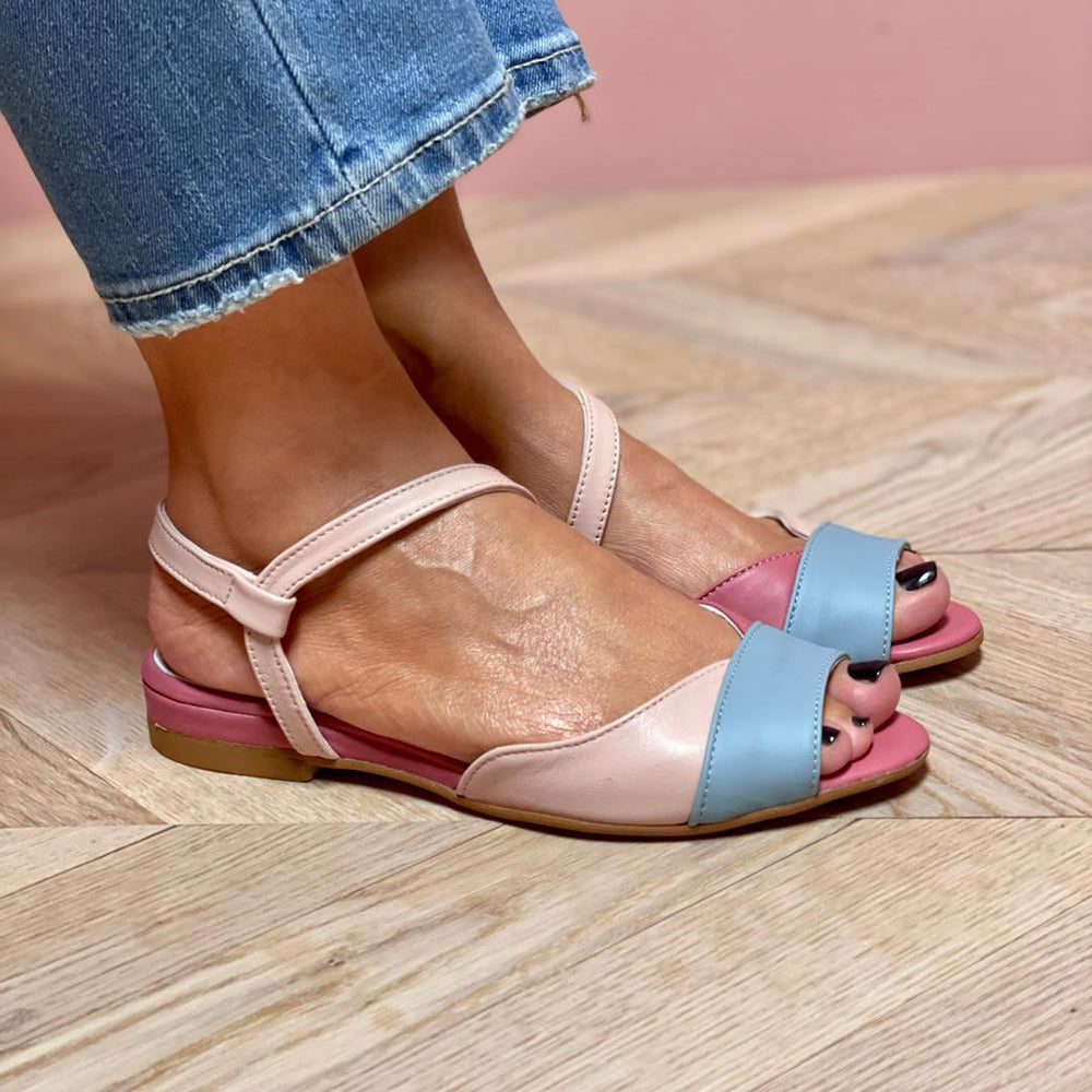Ellela™ | Elegant asymmetrical pink sandals with color block details